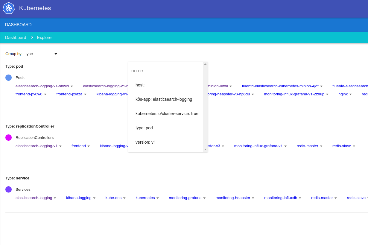 Kubernetes UI Explore View - Filter
